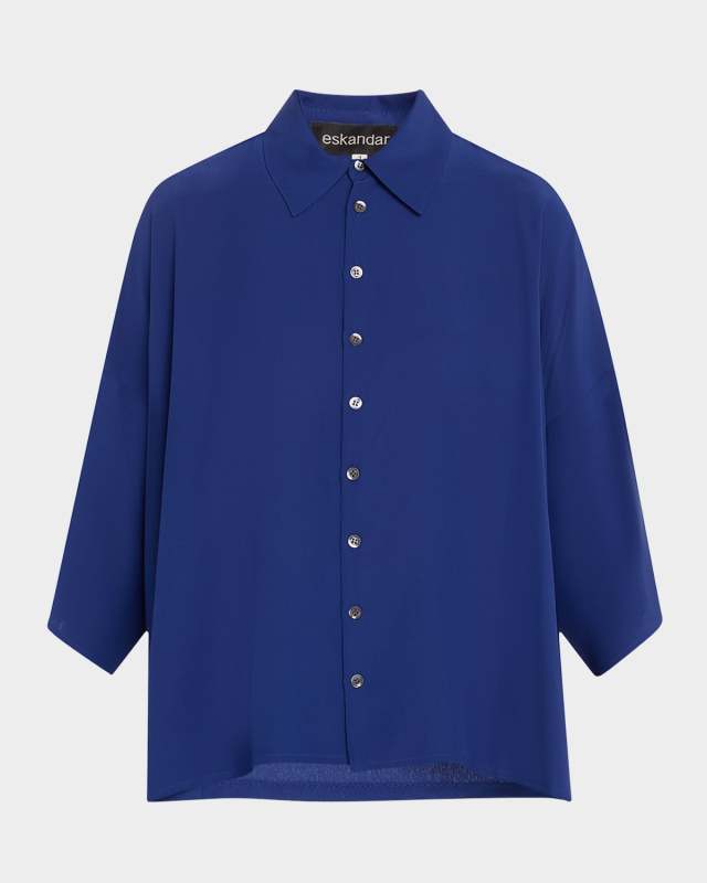 Sloped-Shoulder Wide A-Line Short-Sleeve Shirt With Collar (Mid Length)